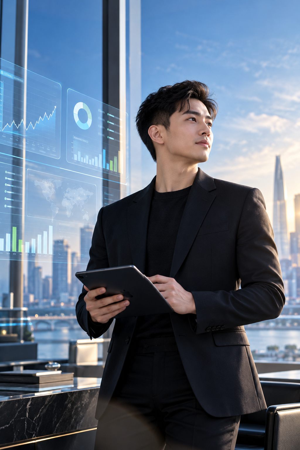 An AAS specialist holding a tablet, looking out over the city beside market data displays