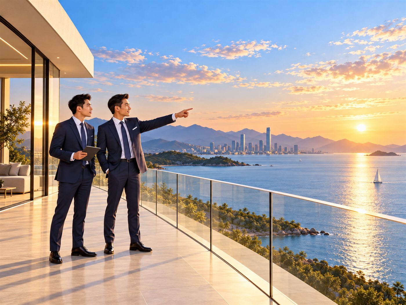 Two AAS advisors on a balcony looking out together over the city and bay at sunset