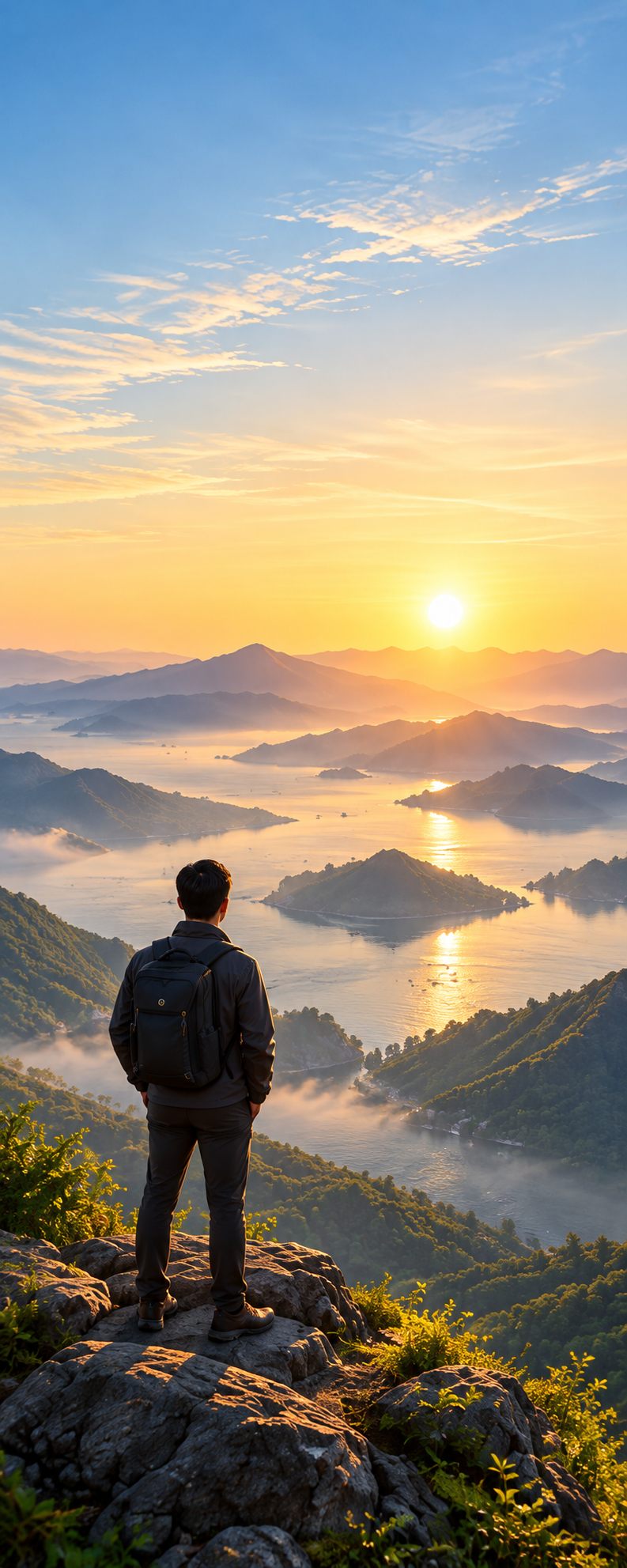 An investor on a mountain top looking towards their own destination