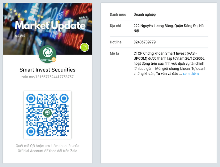 KÊNH ZALO CHÍNH THỨC CỦA SMART INVEST LÊN SÓNG
