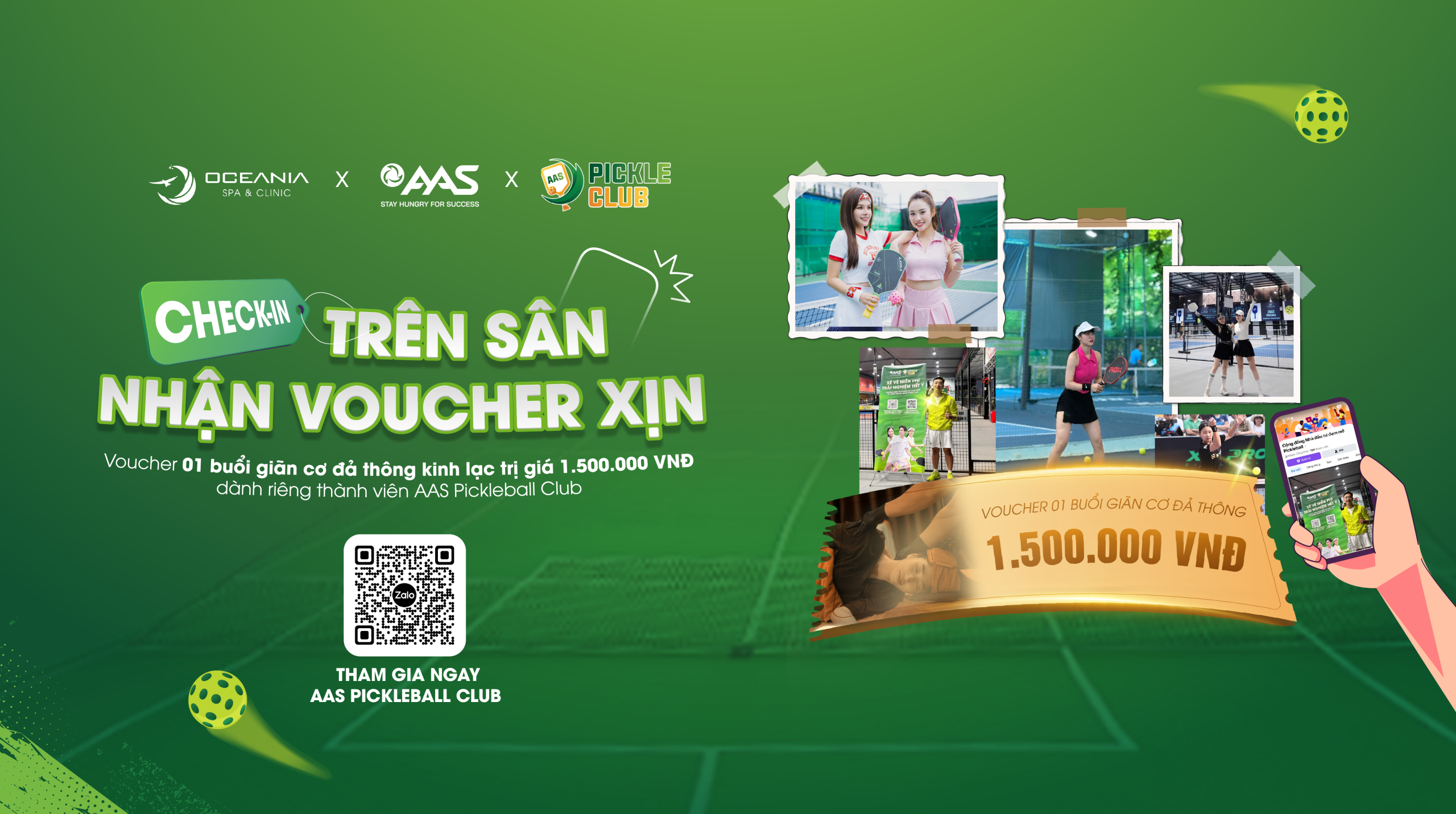 AAS TRIỂN KHAI CHƯƠNG TRÌNH “CHECK-IN TRÊN SÂN – NHẬN VOUCHER XỊN”: TẶNG  VOUCHER 01 BUỔI GIÃN CƠ CHO THÀNH VIÊN AAS PICKLEBALL CLUB